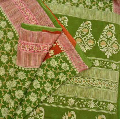 Indian Vintage Sari Green & Orange Printed Pure Cotton Sarees Craft Soft Fabric 5Yard Sewing Sarong Wrap Boho Floral Upcycle Dress making