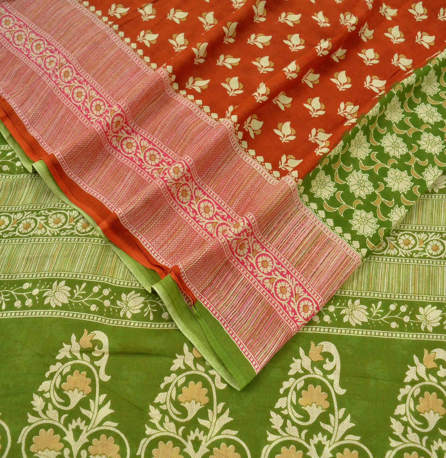 Indian Vintage Sari Green & Orange Printed Pure Cotton Sarees Craft Soft Fabric 5Yard Sewing Sarong Wrap Boho Floral Upcycle Dress making