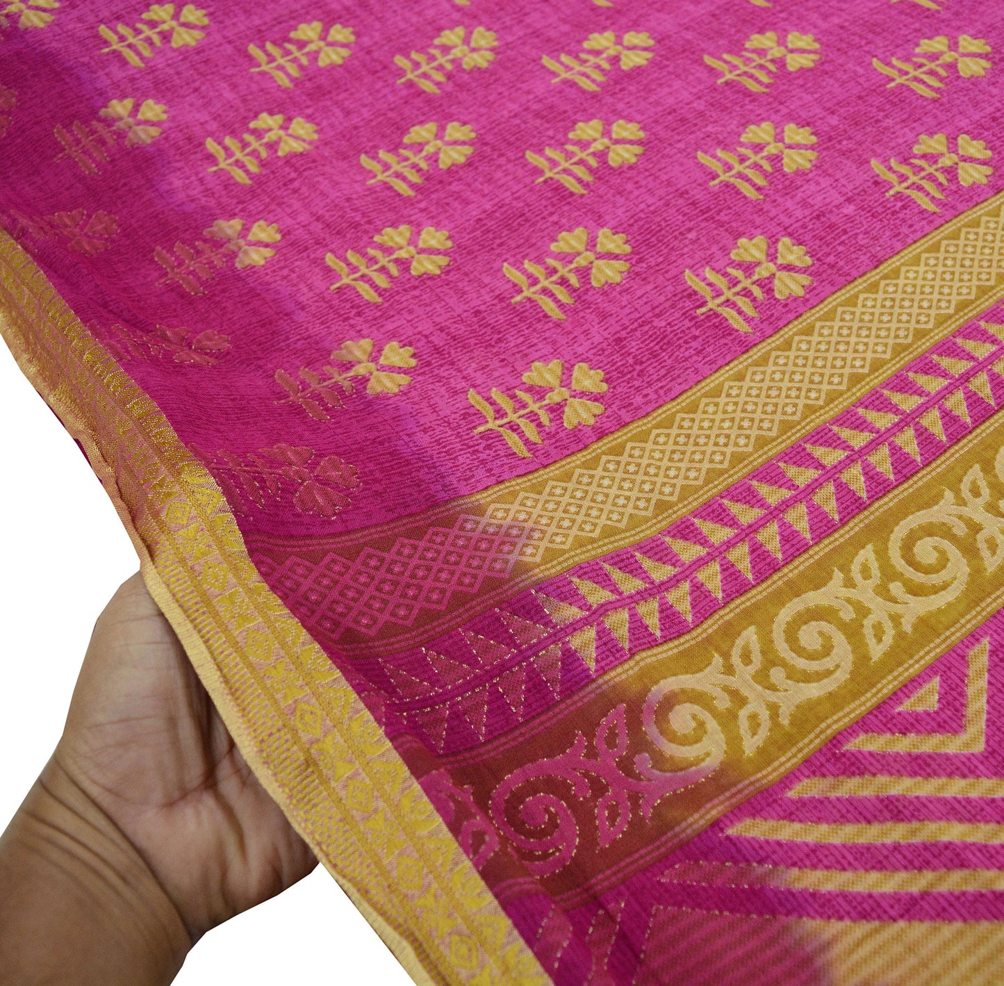 Indian Vintage Sari Pink & Beige Printed 100% Pure Cotton Sarees Craft Fabric 5Yd Soft Sewing Sarong Wrap Floral Boho Quilting Crafting Used