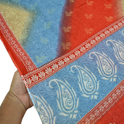 Indian Vintage Sari Blue & Red Printed Pure Cotton Sarees Craft Fabric Soft 5Yd Sewing Sarong Wrap Boho Dress making Quilting Crafting