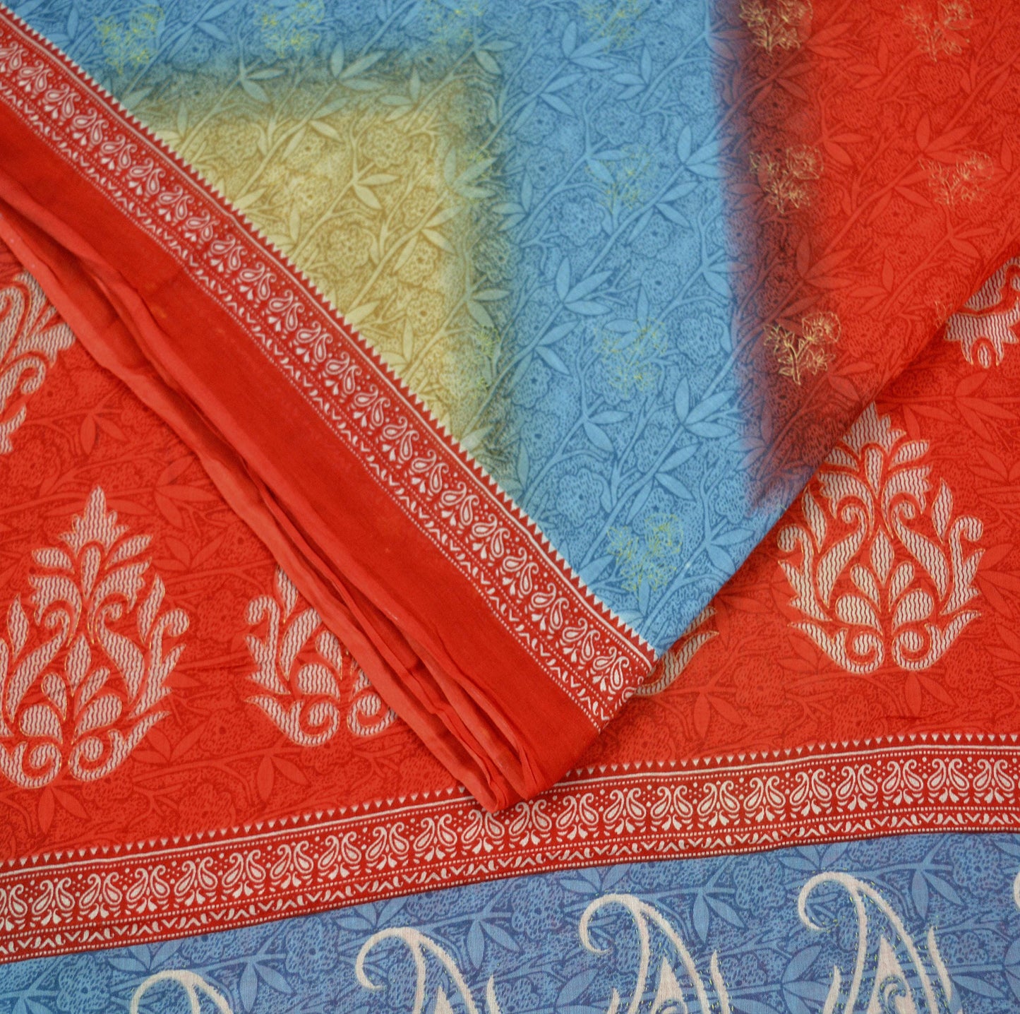 Indian Vintage Sari Blue & Red Printed Pure Cotton Sarees Craft Fabric Soft 5Yd Sewing Sarong Wrap Boho Dress making Quilting Crafting