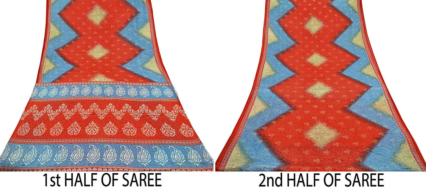 Indian Vintage Sari Blue & Red Printed Pure Cotton Sarees Craft Fabric Soft 5Yd Sewing Sarong Wrap Boho Dress making Quilting Crafting