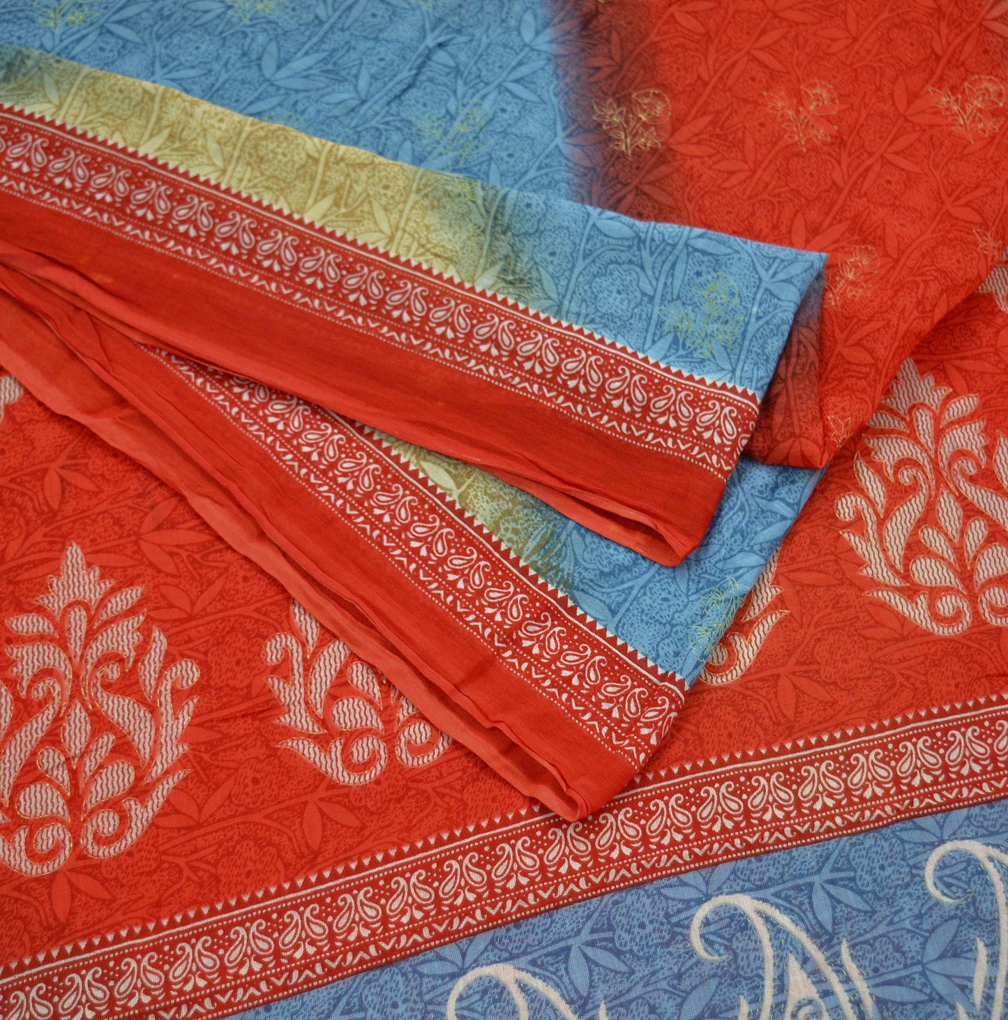 Indian Vintage Sari Blue & Red Printed Pure Cotton Sarees Craft Fabric Soft 5Yd Sewing Sarong Wrap Boho Dress making Quilting Crafting