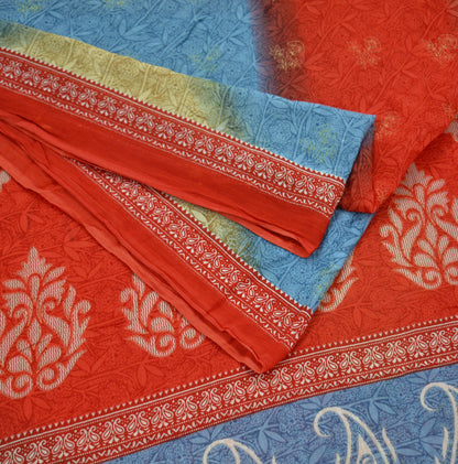 Indian Vintage Sari Blue & Red Printed Pure Cotton Sarees Craft Fabric Soft 5Yd Sewing Sarong Wrap Boho Dress making Quilting Crafting