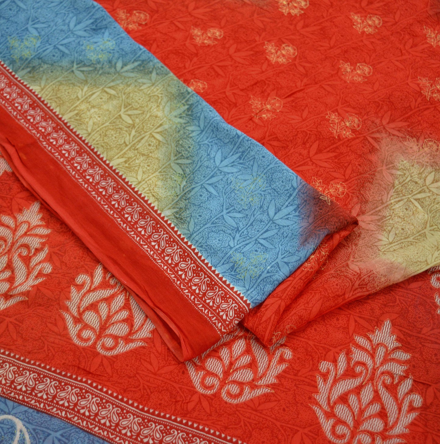 Indian Vintage Sari Blue & Red Printed Pure Cotton Sarees Craft Fabric Soft 5Yd Sewing Sarong Wrap Boho Dress making Quilting Crafting