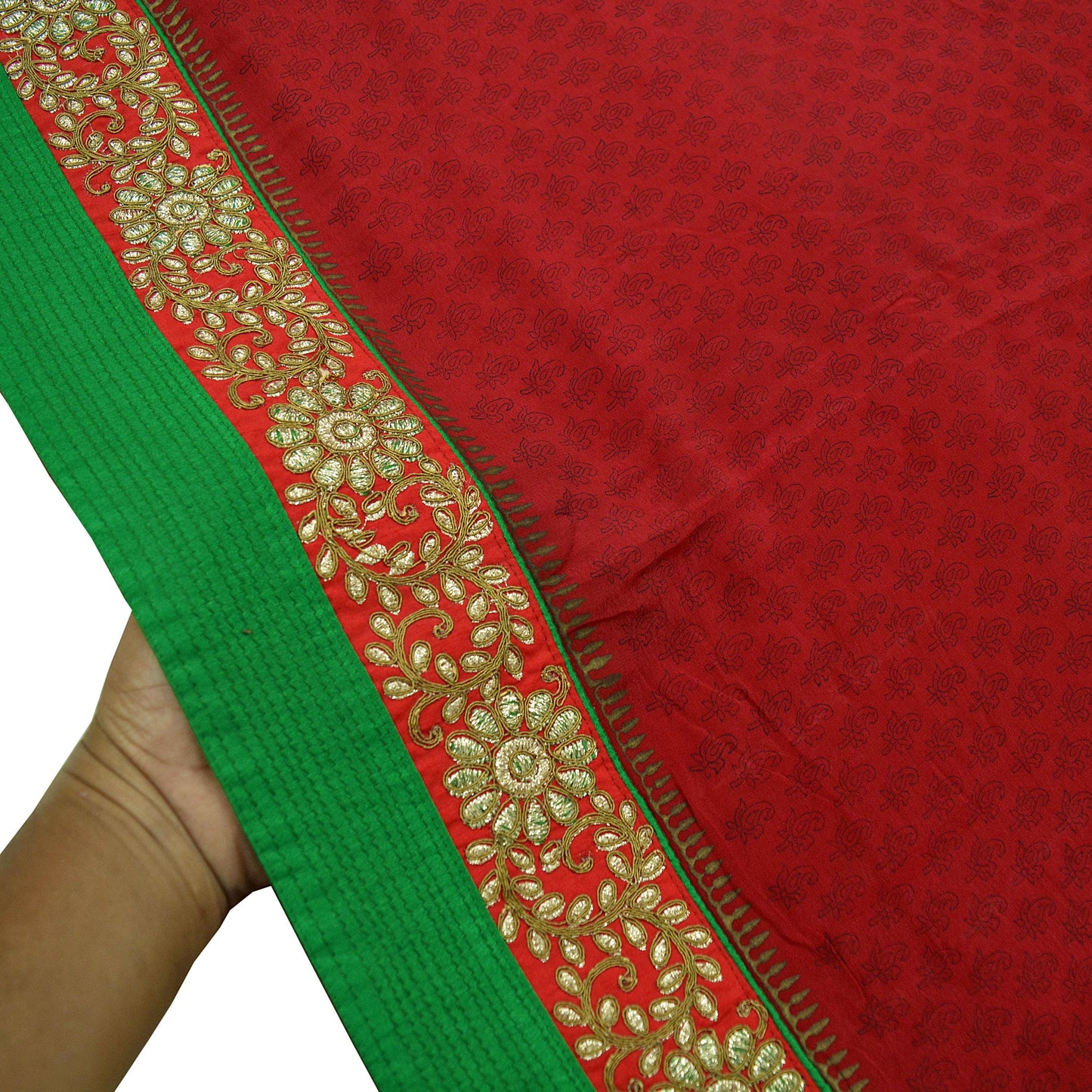 Indian Vintage Sari Red Pure Crepe Silk Embroidered printed Sarees Craft Fabric 6yd Sewing Floral Soft Wrap Dress making Crafting Quilting