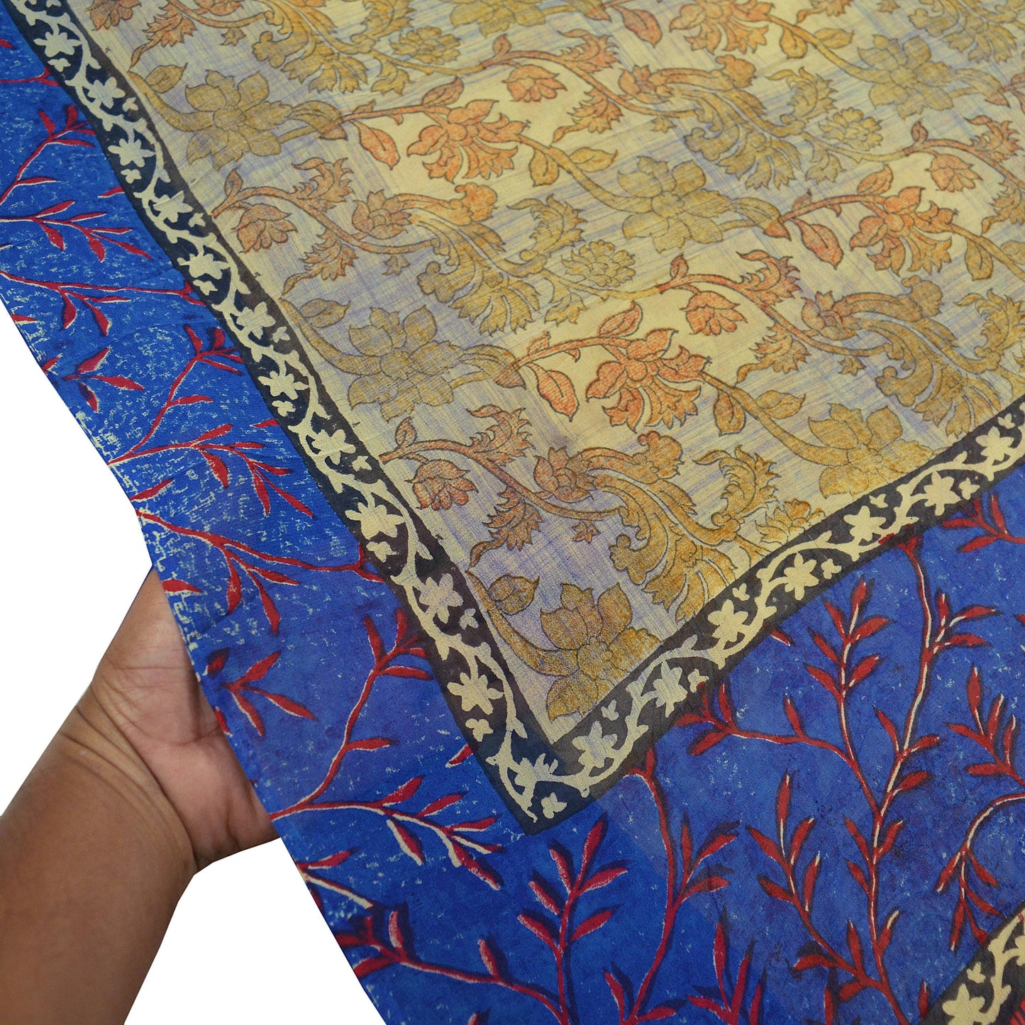 Indian Vintage Sari Beige & Blue Pure Georgette Silk Sarees Craft Fabric Sewing 6Yd Soft Light Dress Making Floral Upcycle Quilting Crafting