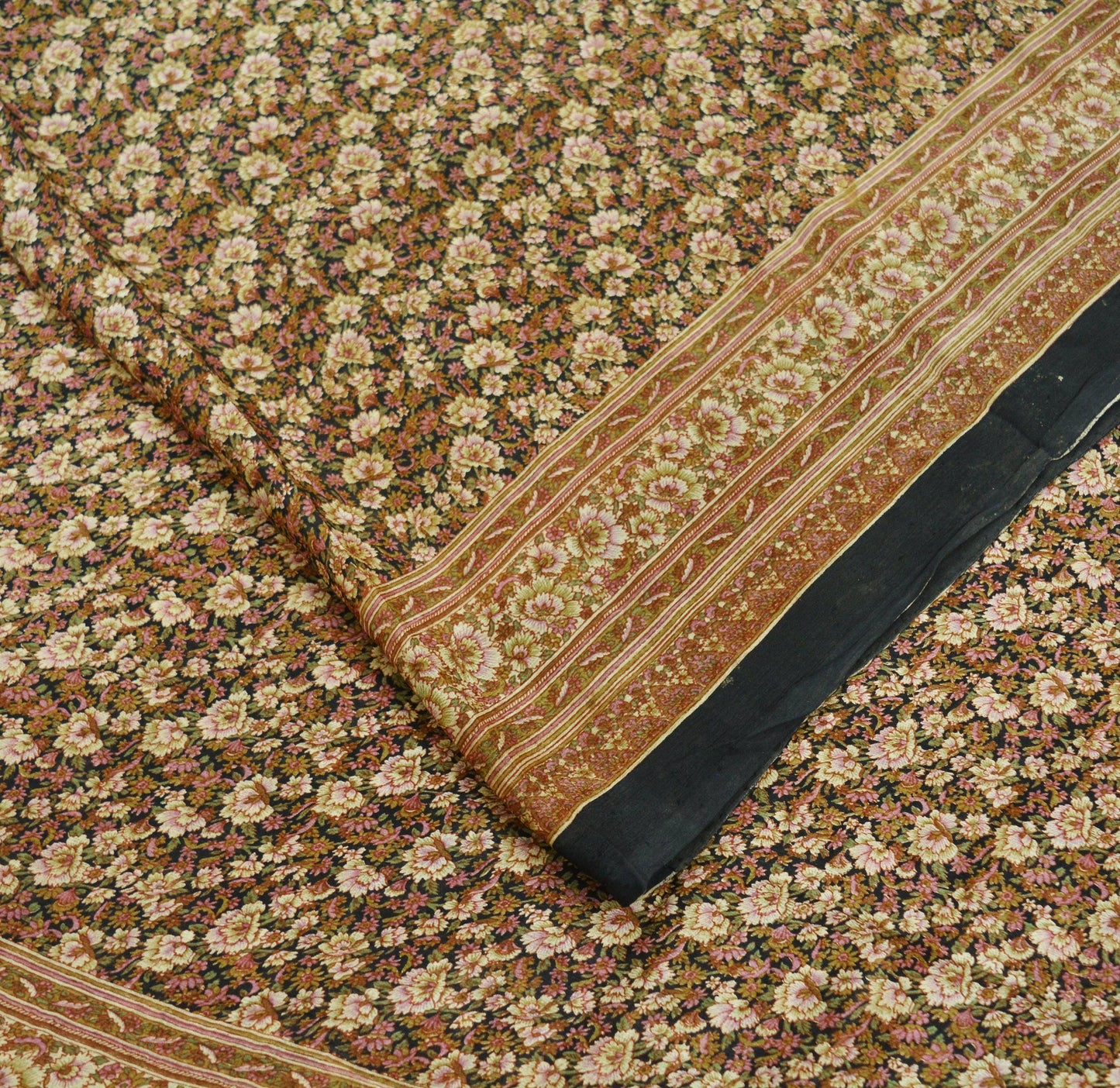 Indian Vintage Sari Black Printed Pure Silk Sarees Craft Fabric 6yd Sewing Floral Soft Dress Designing for Crafting Quilting Upcycle Used