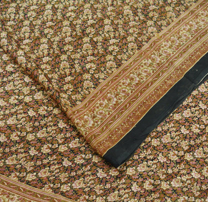 Indian Vintage Sari Black Printed Pure Silk Sarees Craft Fabric 6yd Sewing Floral Soft Dress Designing for Crafting Quilting Upcycle Used