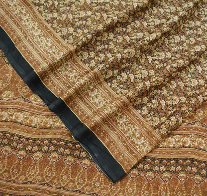 Indian Vintage Sari Black Printed Pure Silk Sarees Craft Fabric 6yd Sewing Floral Soft Dress Designing for Crafting Quilting Upcycle Used