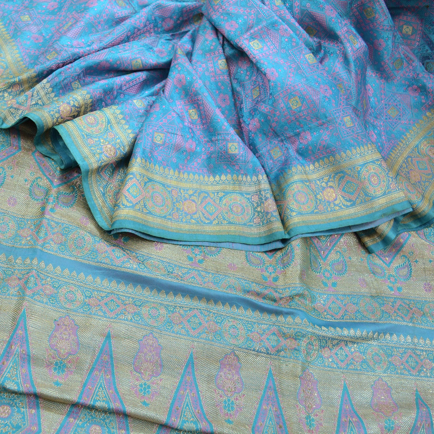 Indian Vintage Heavy Bridal Sari Pure Silk Blue Woven Brocade Sarees 5Yd Craft Fabric Floral Ethnic Zari Dress making Pre-owned Wedding sari