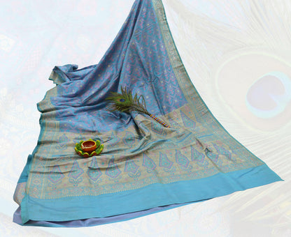 Indian Vintage Heavy Bridal Sari Pure Silk Blue Woven Brocade Sarees 5Yd Craft Fabric Floral Ethnic Zari Dress making Pre-owned Wedding sari