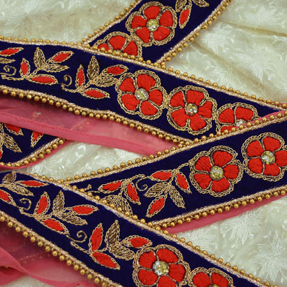 Indian Vintage Royal Blue Sari Border Hand Embroidered Craft Trim Lace Sewing Ribbon Velvet Dress Making For Designing Quilting Crafting