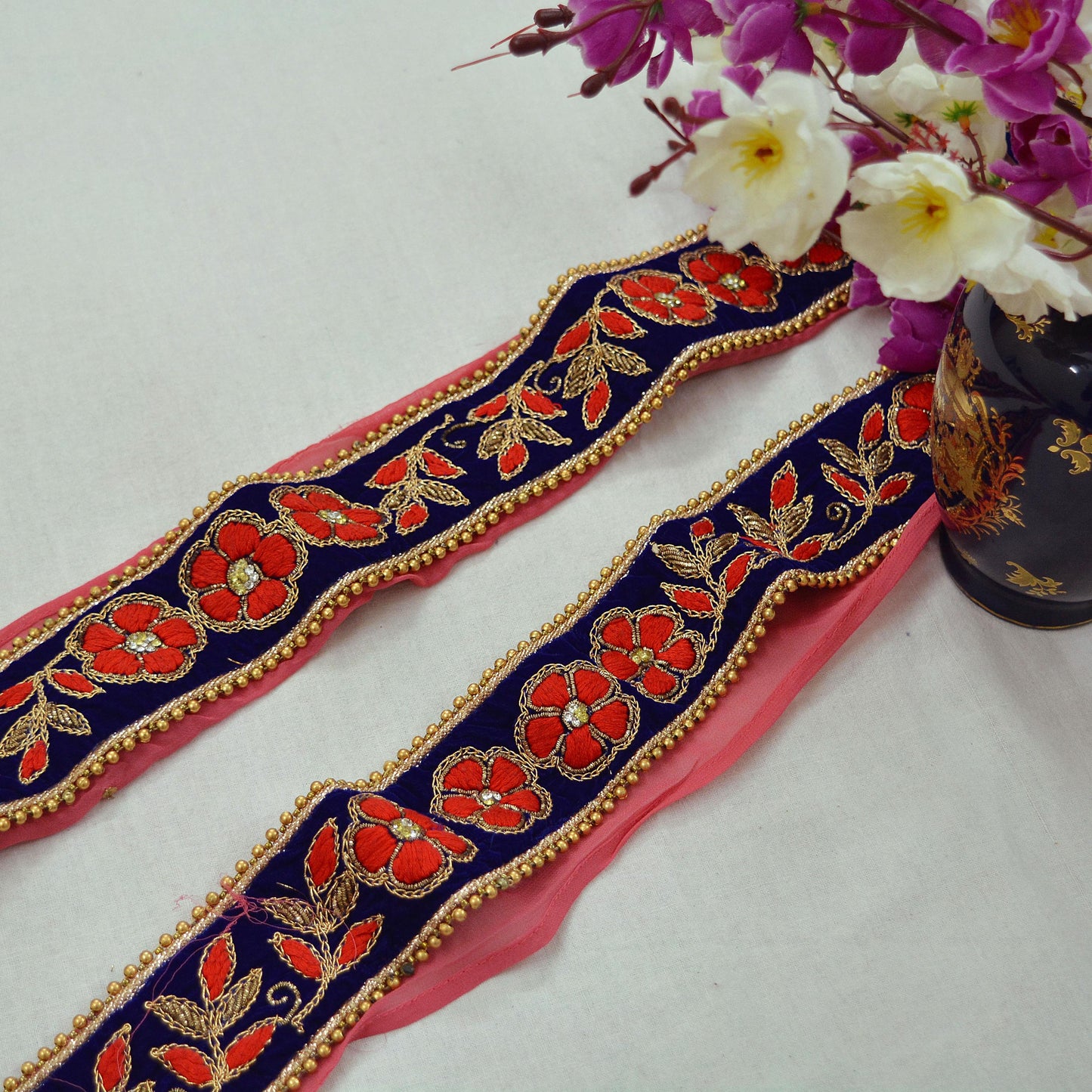 Indian Vintage Royal Blue Sari Border Hand Embroidered Craft Trim Lace Sewing Ribbon Velvet Dress Making For Designing Quilting Crafting