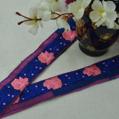 Indian Vintage Black Sari Border Pure Georgette Silk Hand Embroidered Craft Trim Lace Sewing Ribbon Recycled Crafting Quilting Designing