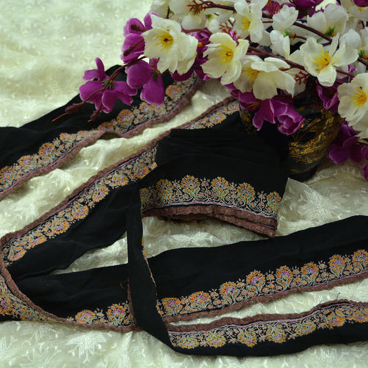 Indian Vintage Black Saree Border Kashmiri Hand Embroidered Craft Trim Lace Sewing Sari Ribbon Recycled Decor Floral Dress Making Crafting