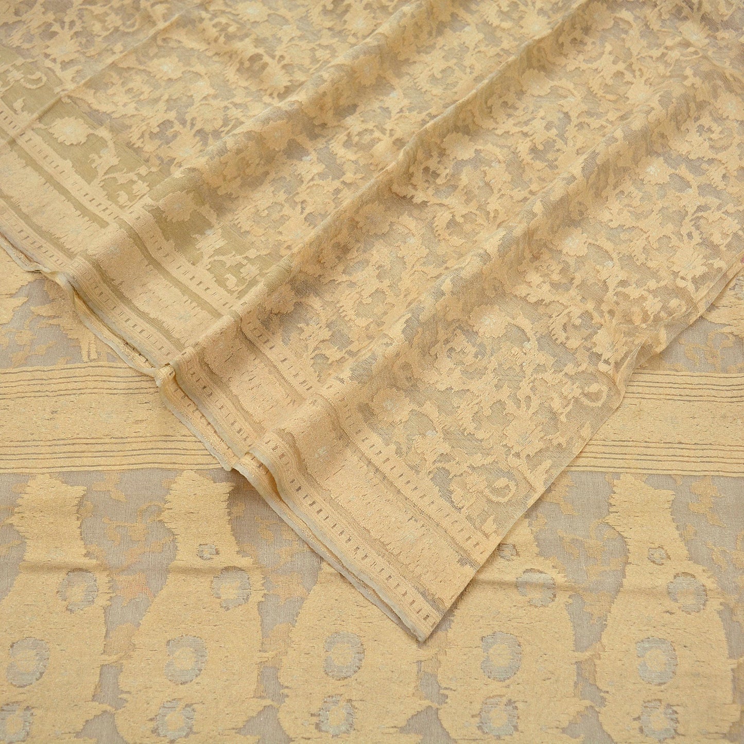 Indian Vintage Sari Beige Pure Silk Hand Woven jamdani sarees Craft Fabric 5Yd Sewing Ethnic Zari Wedding sarees Dress making Crafting