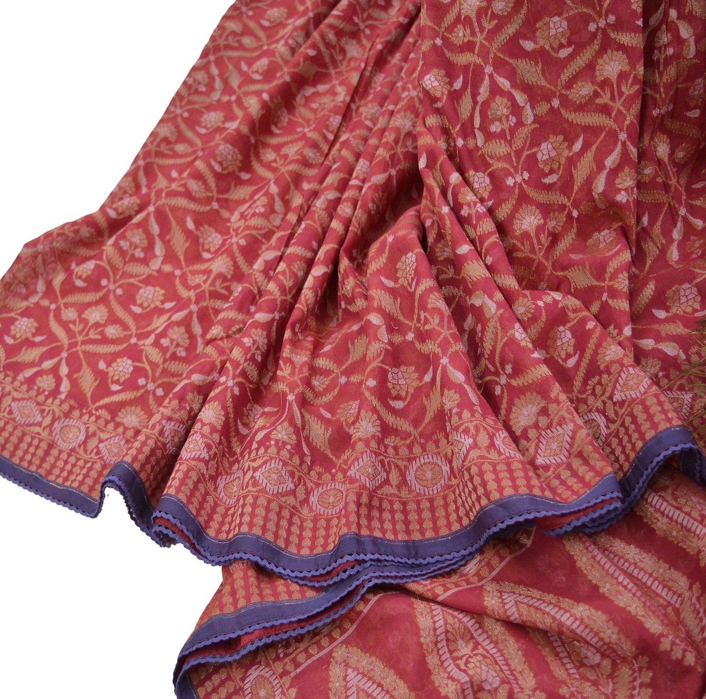 Indian Vintage Sari Red Pure Cotton Hand Woven jamdani sarees Craft Fabric 5Yd Sewing Ethnic Zari Wedding sarees Dress making Crafting