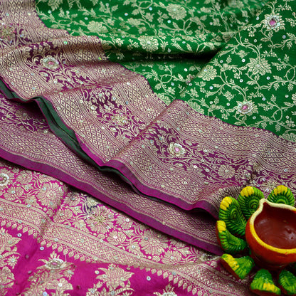 Vintage Sari Heavy Wedding Pure Satin Silk Hand Embroidered Banarsi Brocade Saree Zari/Zardozi/Dabka 5Yd