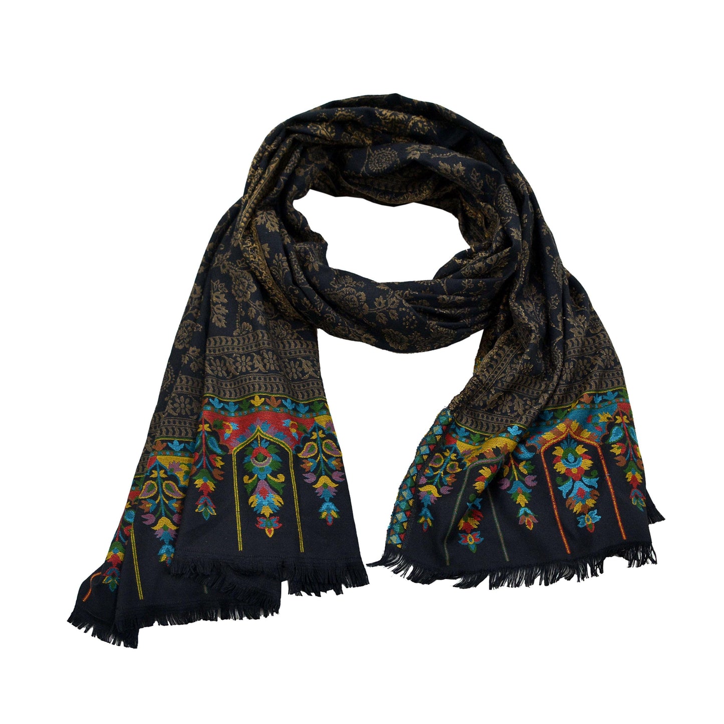 Vintage Black Viscose Shawl Handmade Woven Long Throw Stole Warm Stole Paisley Floral Design Fringes