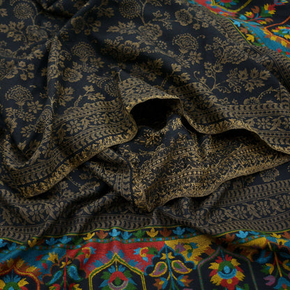 Vintage Black Viscose Shawl Handmade Woven Long Throw Stole Warm Stole Paisley Floral Design Fringes
