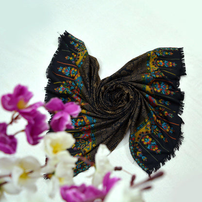 Vintage Black Viscose Shawl Handmade Woven Long Throw Stole Warm Stole Paisley Floral Design Fringes