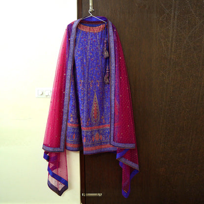 Indian Pre-owned Purple & Pink Pure Silk Net Hand Beaded Ritu Kumar Designer Lehenga And Dupatta Ethnic Bollywood Party Wear