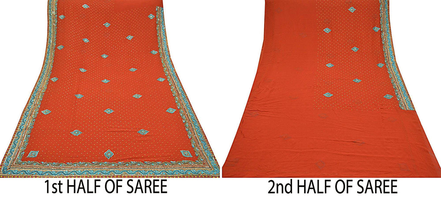 Indian Vintage Heavy Sarees Orange Pure Georgette Silk Hand Embroidered Sari Fabric 5Yd Sewing Ethnic Zardozi/dabka zari Wedding sarees