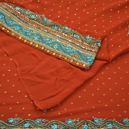 Indian Vintage Heavy Sarees Orange Pure Georgette Silk Hand Embroidered Sari Fabric 5Yd Sewing Ethnic Zardozi/dabka zari Wedding sarees