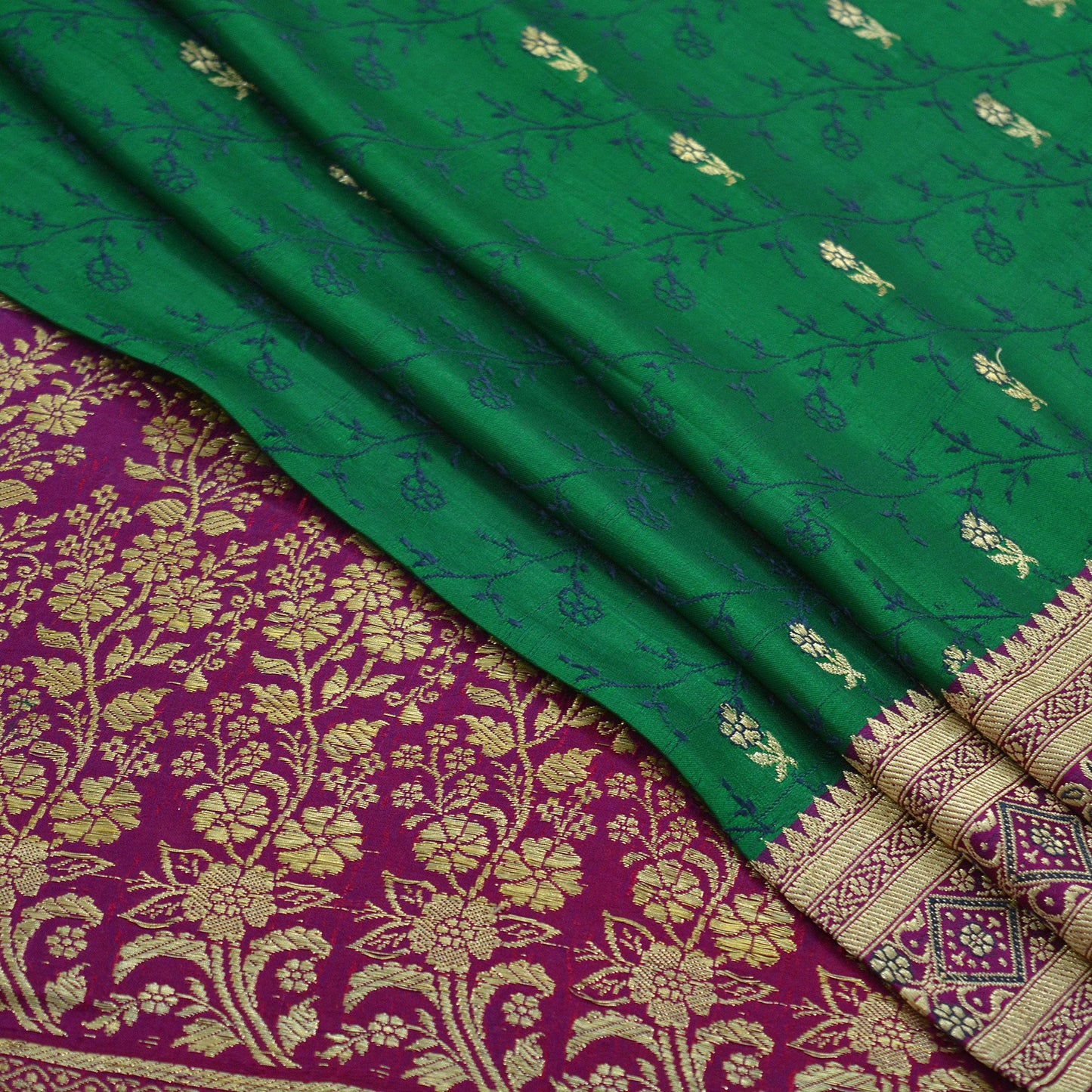 Indian Vintage Heavy Wedding Sari Green/Purple Pure Satin Silk Brocade Banarasi Sarees Zari 5Yd Craft Fabric Dress Making Crafting Quilting