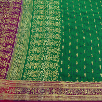 Indian Vintage Heavy Wedding Sari Green/Purple Pure Satin Silk Brocade Banarasi Sarees Zari 5Yd Craft Fabric Dress Making Crafting Quilting