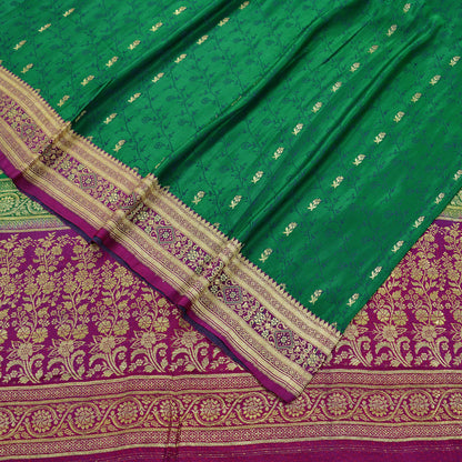 Indian Vintage Heavy Wedding Sari Green/Purple Pure Satin Silk Brocade Banarasi Sarees Zari 5Yd Craft Fabric Dress Making Crafting Quilting