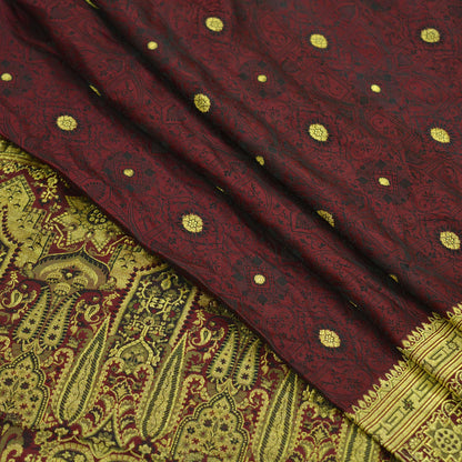 Indian Vintage Heavy Wedding Sari Maroon Pure Satin Silk Woven Brocade Banarasi Sarees Golden Zari 5Yd Craft Fabric Dress Making Quilting