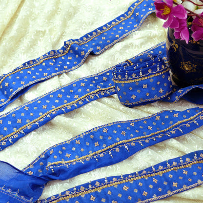 Indian Vintage Blue Sari Border Hand Embroidered Indian Craft Trim Lace Sewing Sari Ribbon Pure silk  Zardozi/Dabka Zari