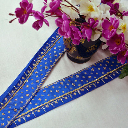 Indian Vintage Blue Sari Border Hand Embroidered Indian Craft Trim Lace Sewing Sari Ribbon Pure silk  Zardozi/Dabka Zari