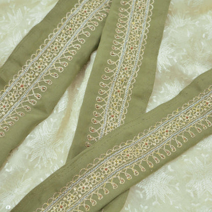 Indian Vintage Green Sari Border Hand Embroidered Indian Craft Trim Lace Sewing Sari Ribbon Crepe Zari