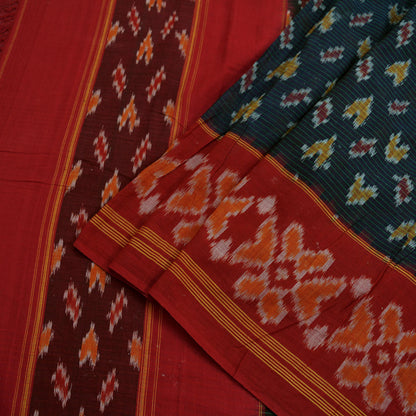 Indian Vintage Sarees Red & Black Pure Cotton Hand woven Sambalpuri Ikat sari Craft Fabric 5Yd Ethnic Chackra Border Dress Making Quilting