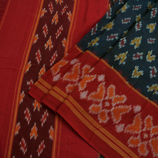 Indian Vintage Sarees Red & Black Pure Cotton Hand woven Sambalpuri Ikat sari Craft Fabric 5Yd Ethnic Chackra Border Dress Making Quilting