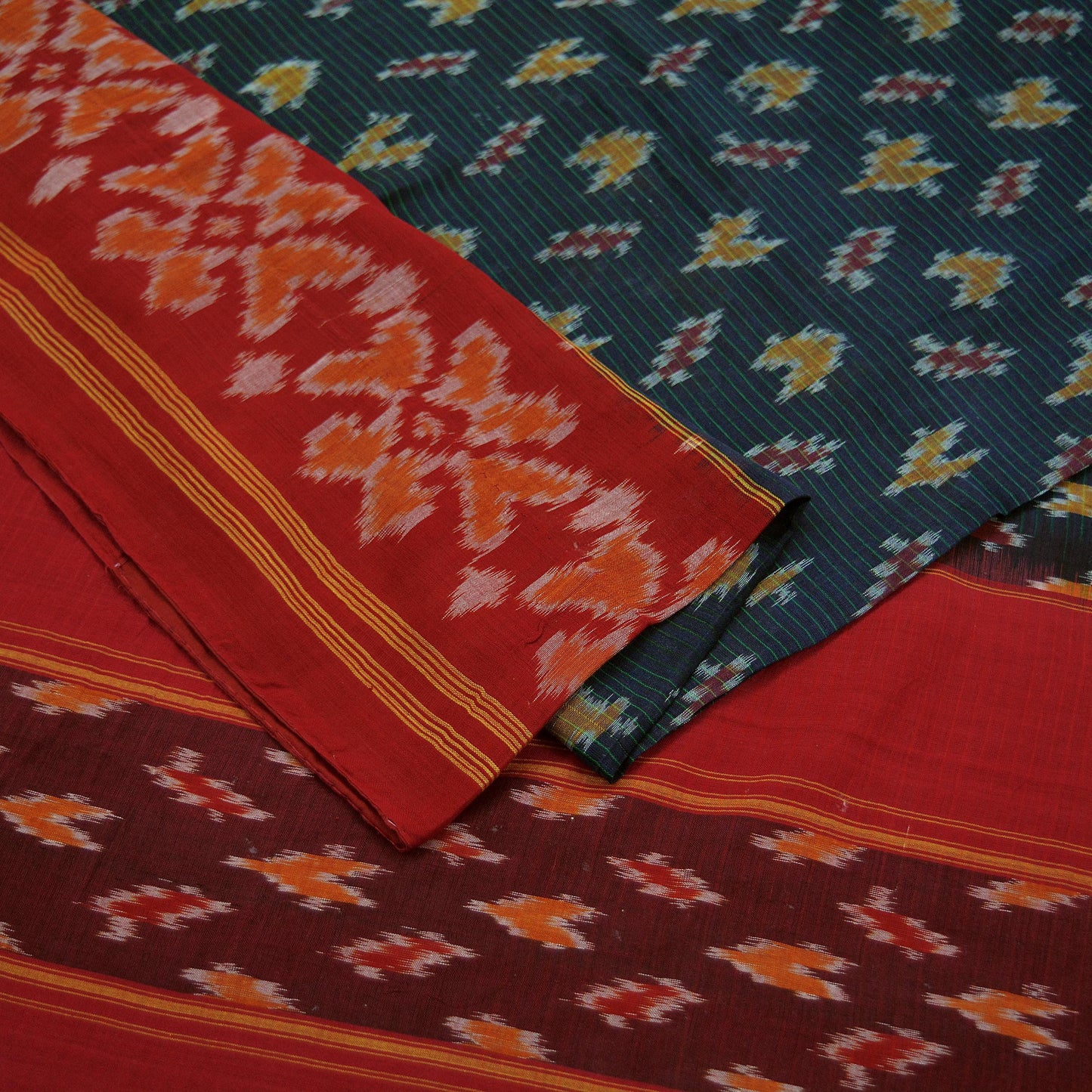 Indian Vintage Sarees Red & Black Pure Cotton Hand woven Sambalpuri Ikat sari Craft Fabric 5Yd Ethnic Chackra Border Dress Making Quilting