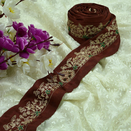 Indian Vintage Brown Sari Border Hand Embroidered Indian Craft Trim Lace Sewing Sari Ribbon Satin Zardozi/Dabka Zari