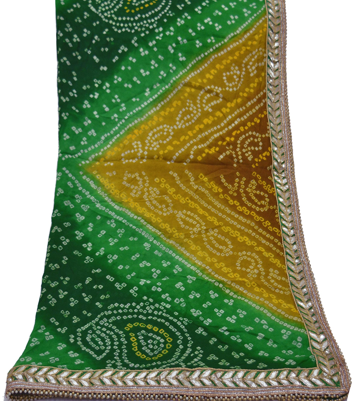 Indian Vintage Saffron & Green Dupatta Pure Georgette Silk Hand Embroidered Bandhani Veil Scarves Soft Sequins Border