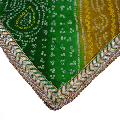 Indian Vintage Saffron & Green Dupatta Pure Georgette Silk Hand Embroidered Bandhani Veil Scarves Soft Sequins Border