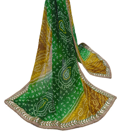 Indian Vintage Saffron & Green Dupatta Pure Georgette Silk Hand Embroidered Bandhani Veil Scarves Soft Sequins Border