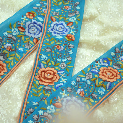 Indian Vintage Blue Sari Border Pure Georgette Silk Hand Embroidered Indian Craft Trim Lace Sewing Sari Ribbon Recycled