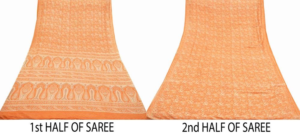 Indian Vintage Sari Orange 100% Pure Silk Printed Saree Craft Fabric 6yd Sewing Dress Making Soft Wrap Paisley Quilting Crafting Upcycle