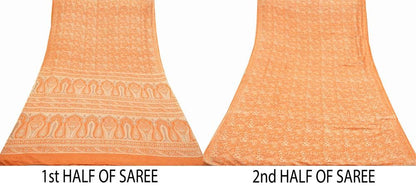 Indian Vintage Sari Orange 100% Pure Silk Printed Saree Craft Fabric 6yd Sewing Dress Making Soft Wrap Paisley Quilting Crafting Upcycle