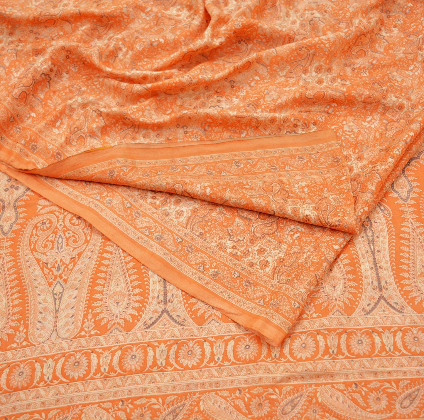 Indian Vintage Sari Orange 100% Pure Silk Printed Saree Craft Fabric 6yd Sewing Dress Making Soft Wrap Paisley Quilting Crafting Upcycle