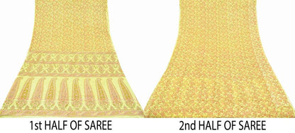 Indian Vintage Sari Yellow Hand Embroidered Printed Sari 100% Pure Silk Sarees Craft Fabric 5yd Soft Zari Sequins Dress making Quilting Used