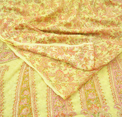 Indian Vintage Sari Yellow Hand Embroidered Printed Sari 100% Pure Silk Sarees Craft Fabric 5yd Soft Zari Sequins Dress making Quilting Used