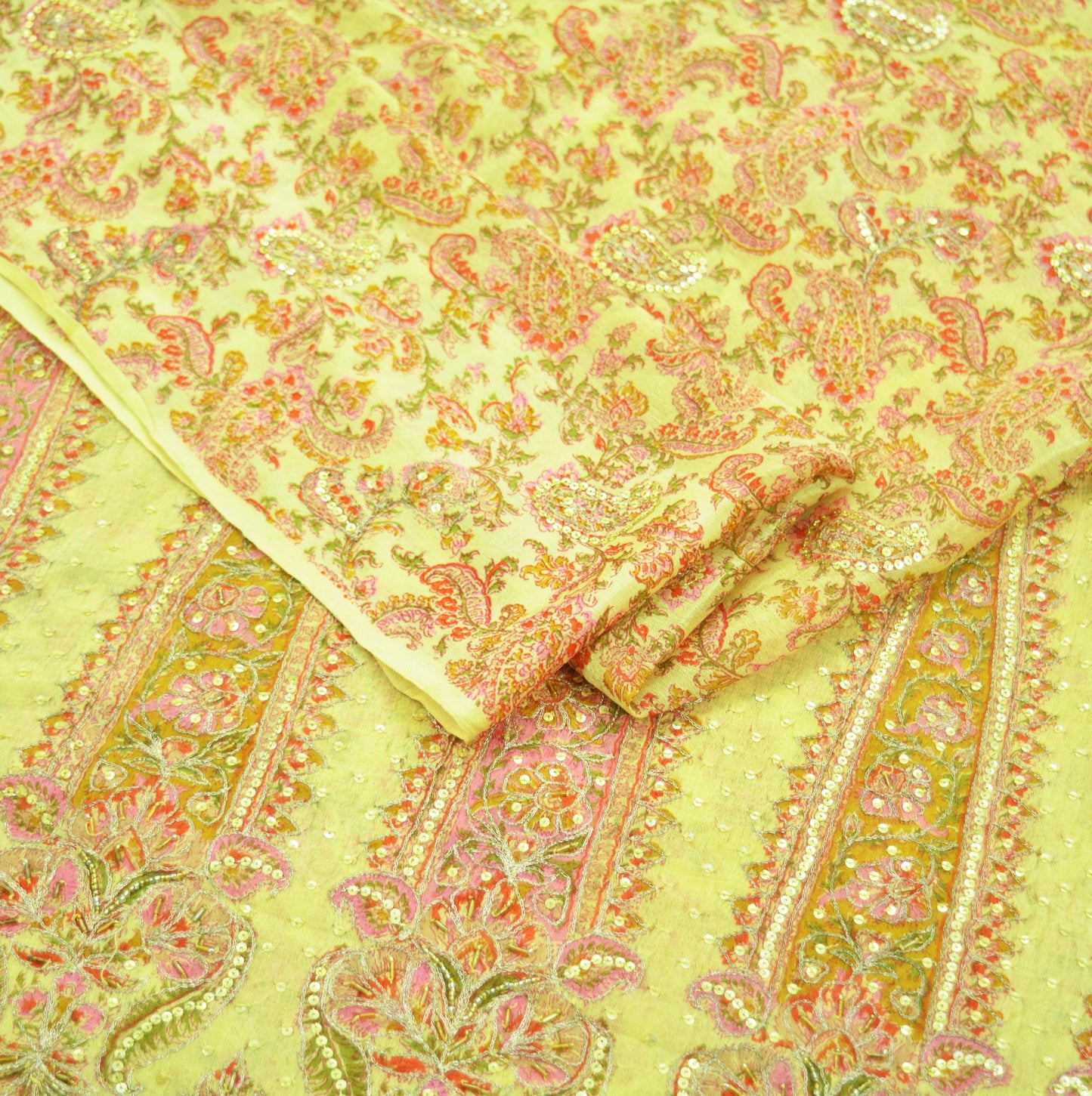 Indian Vintage Sari Yellow Hand Embroidered Printed Sari 100% Pure Silk Sarees Craft Fabric 5yd Soft Zari Sequins Dress making Quilting Used